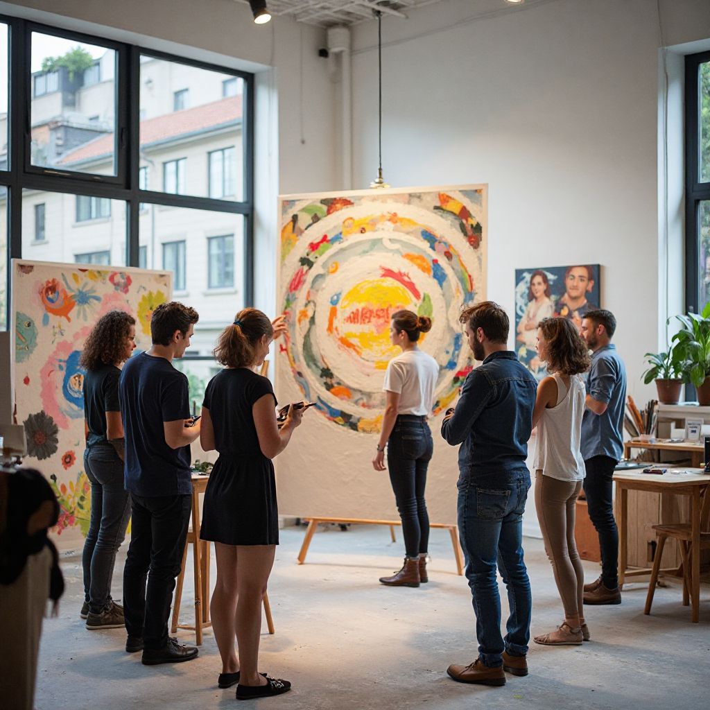 Creative workshop with diverse participants engaged in collaborative art