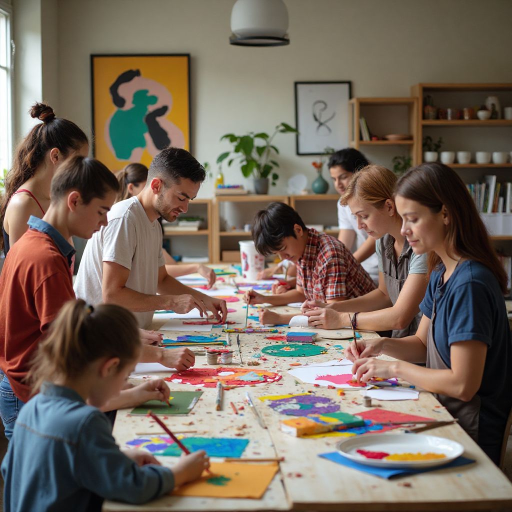 Creative workshop with participants making artistic crafts
