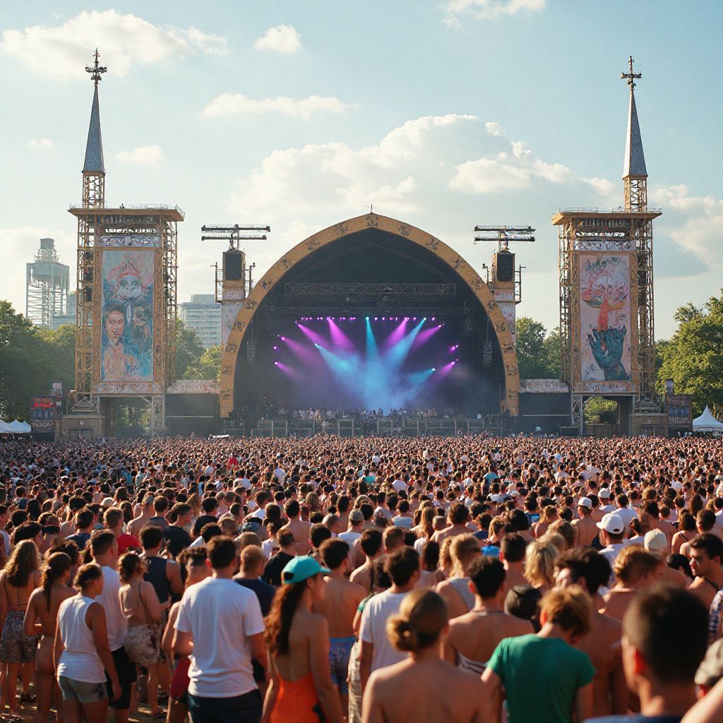 Outdoor festival with stages and art installations