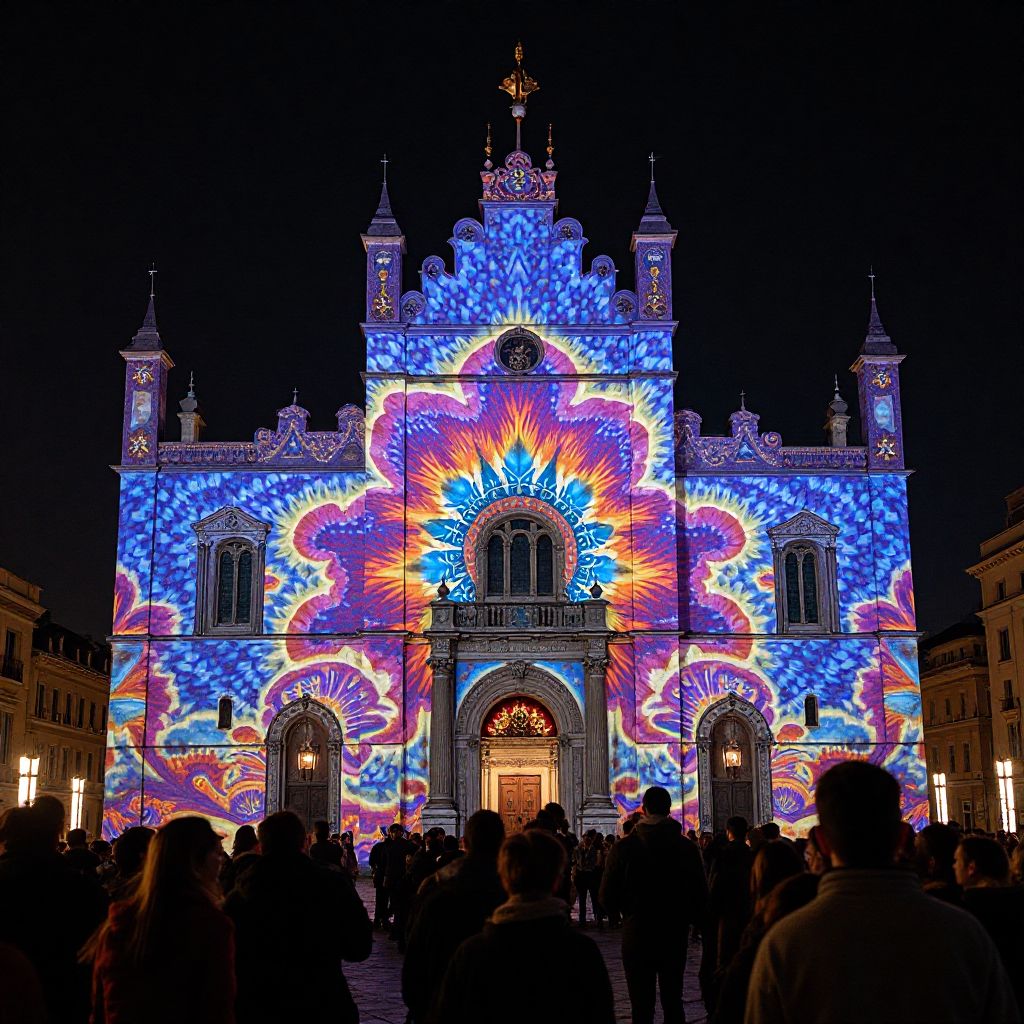 Digital art projection mapping on building facade