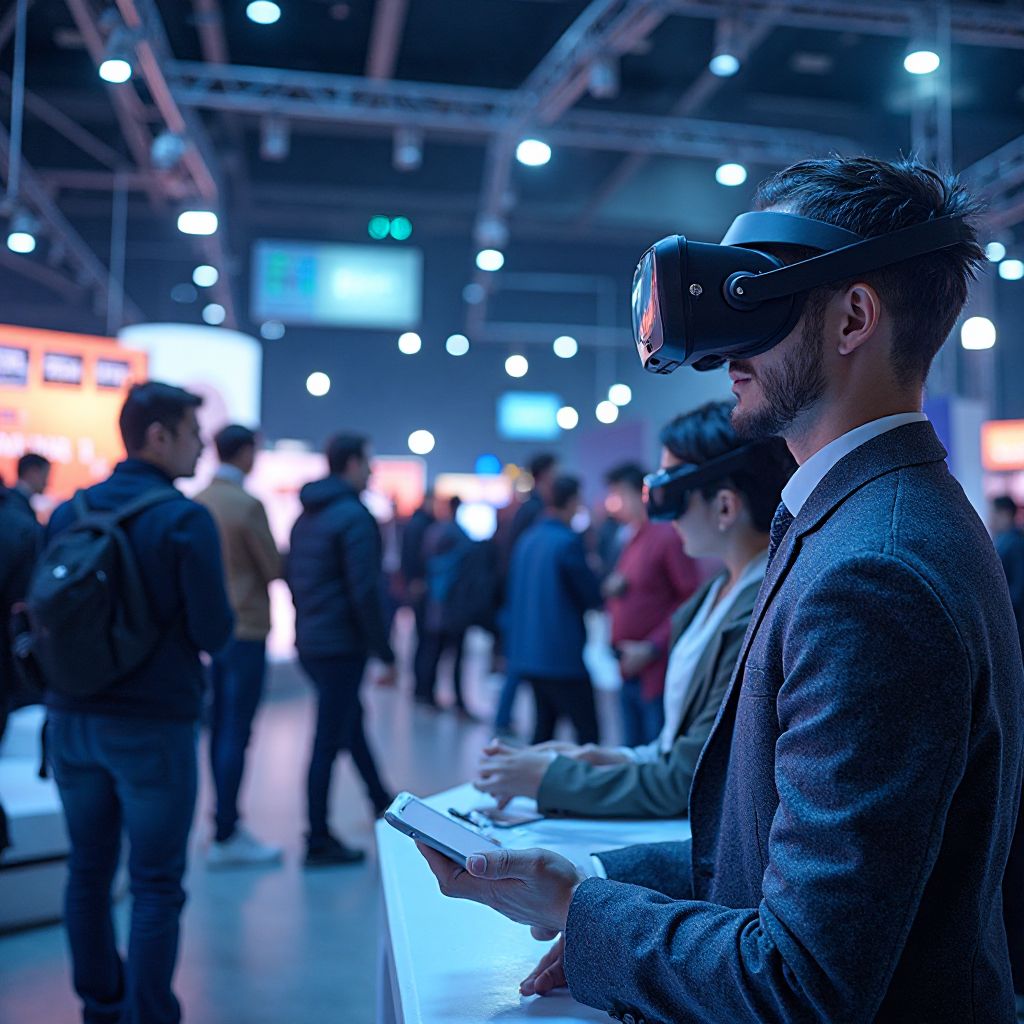 VR experience booth with participants at technology event