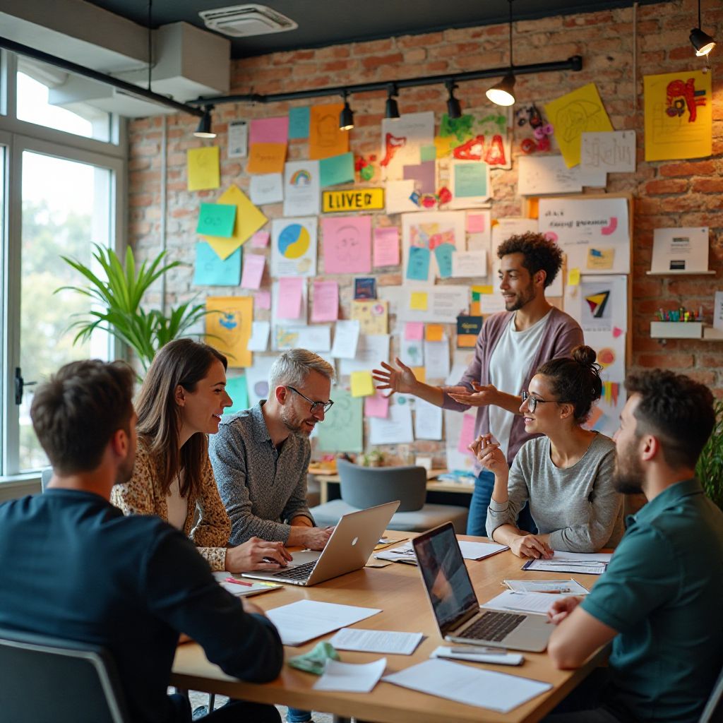 Creative team brainstorming in a colorful office space